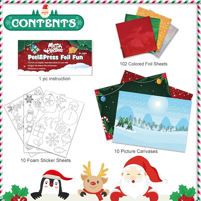 Vloso Christmas Fun Foil Art Kit for Kids,No Mess Art Creative Activity Travel Art and Crafts for Kids,Christmas Gifts Crafts for Girls&Boys Ages 4, 5, 6, 7, 8, 9(Christmas)