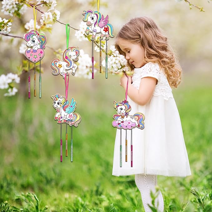 Fennoral 9 Pack Unicorns Wind Chime Kit for Kids Make Your Own Unicorns Wind Chime Wooden Arts and Crafts DIY Paint Art Activity for Christmas Party Decoration Bithday Gifts