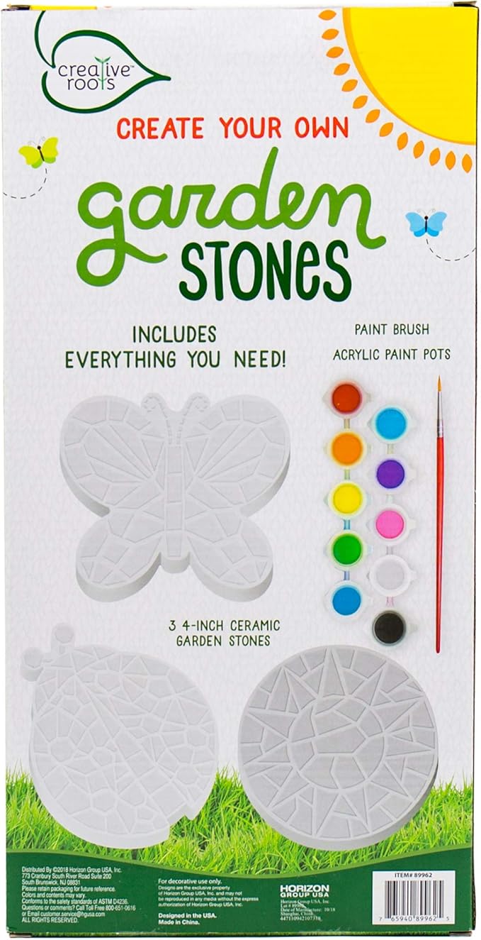 Creative Roots Mosaic Butterfly, Ladybug, & Sun Stepping Stone, Includes 3-Pack 4.5-Inch Ceramic Stepping Stone & 6 Vibrant Paints, Paint Your Own DIY Stepping Stone for Kids Ages 8+