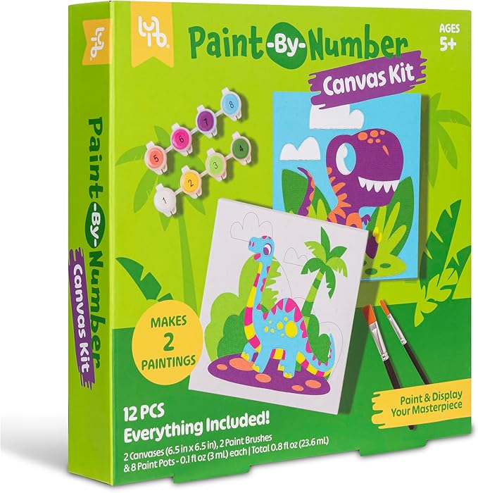Dino Paint-by-Number Canvas Kit - All-in-1 Art Set, 2 Dinosaur Paintings, 8 Non-Toxic Paint Pots & 2 Brushes, Kids Ages 5+