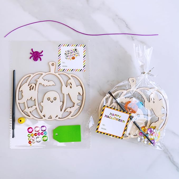 Winlyn 24 Sets Halloween Pumpkin Craft Kits DIY Wooden Pumpkin Ornaments Craft Kits Unfinished Paintable Wood Pumpkin Halloween Crafts for Kids Classroom Activities Art Project Halloween Decorations