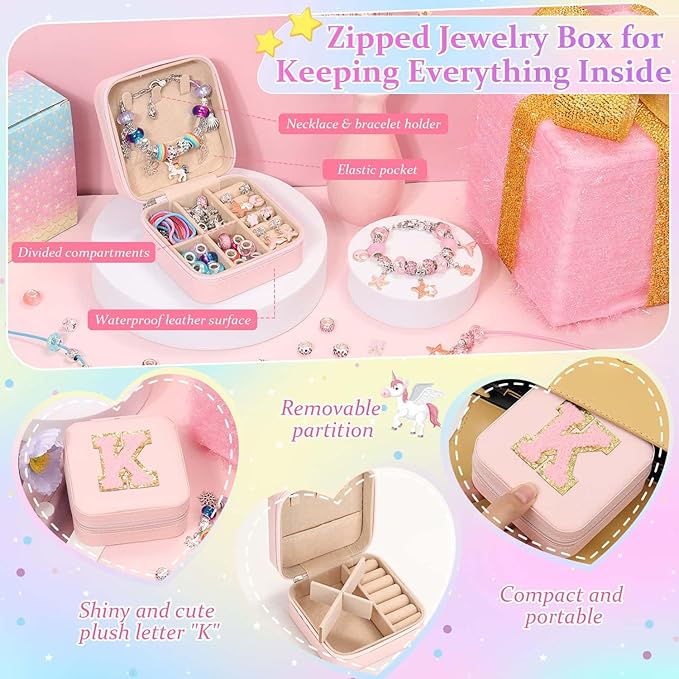 LifeisLuck Charm Bracelet Making Kit - Girls 110 Pcs DIY Charm Jewelry Beads Making Kit, Mermaid Birthday Gifts for Girls Toys Crafts for Little Girls Ages 8-12, with K Initial Travel Jewelry Case