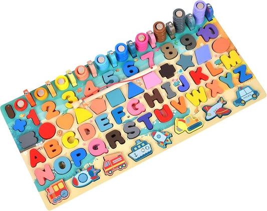 Wooden alphanumeric Shapes Jigsaw Ring Count Classification Toys Math Shapes Building Blocks Toddler Learning Playboard Math Fishing Educational Toys Montessori Educational Toys (color1)