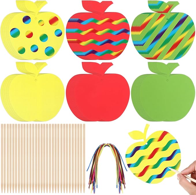 Liliful 60 Set Fall Crafts for Kids Thanksgiving Scratch Crafts Apple Arts and Crafts with Ribbon Wooden Stylus Hanging Craft Kit for Fall Autumn Home Activities School Game Classroom Decoration