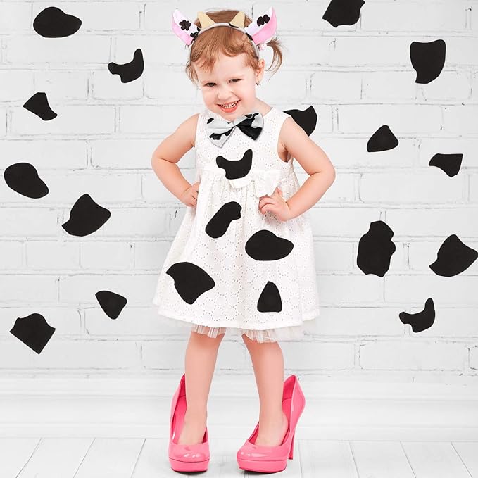 WILLBOND 5 Sheets Cow Felt Pads Adhesive Felt Circles with 1 Set Halloween Cow Ear Headband, Bow Tie and Cow Tail for Halloween DIY Costume, Over 6 Years