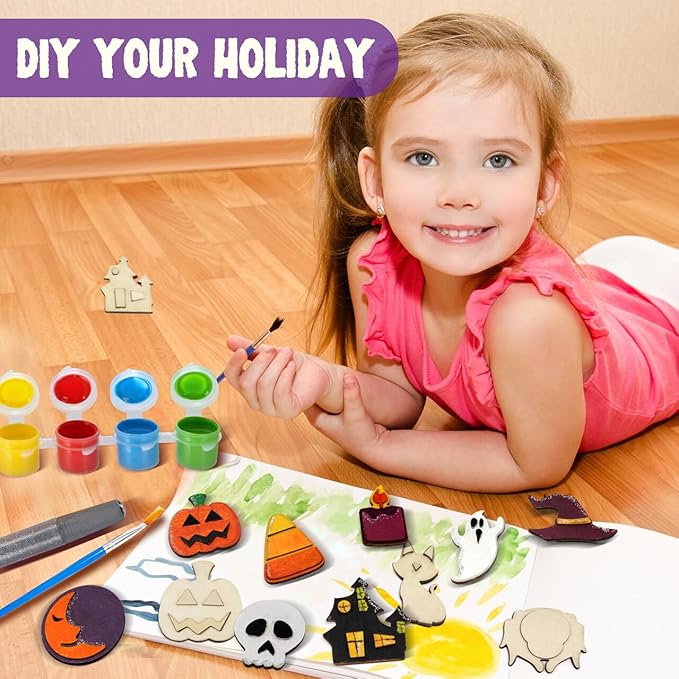 JOYIN 12 Pcs Halloween Craft Kid Wooden Magnet Creativity Arts & Crafts Painting Kit, DIY Halloween Painting Craft for Kids Halloween Party Supplies, Toddler Craft Party Favor Family School Activities