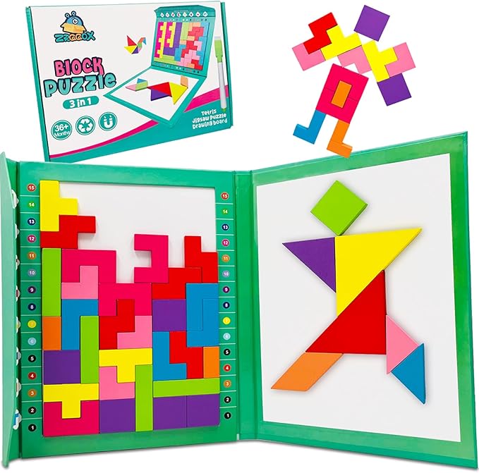 Wooden Blocks Puzzle Brain Teasers Toy (Magnetic version), Travel Tangram Puzzle - Magnetic Pattern Block Book Road Trip Game Jigsaw Shapes Dissection STEM Games with Solution for Kid Adult Challenge