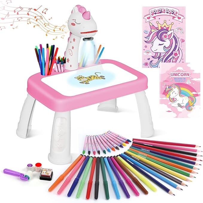 Drawing Projector for Kids，Projector for Drawing Toys for Ages 5-7，Drawing pad with Music，Pencils，Crayons，Scrapbook，Sticker Book，Unicorn Stickers，Kids Projector Unicorn Toys for Girls Age 4-6