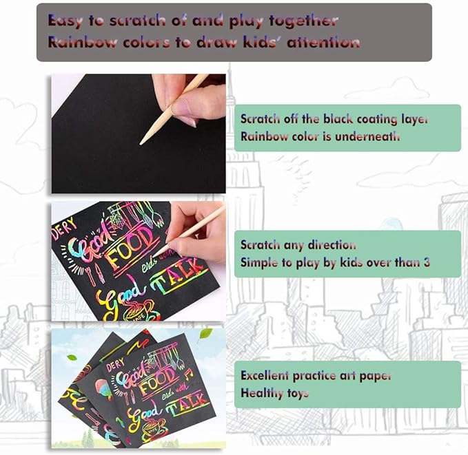 Rainbow Scratch Mini Art Notes 300 Sheets Scratch Off Paper Cards with 6 Wooden Stylus for Kids Arts Craft Kits for Girls Boys Games Party Favors Birthday Halloween (SP300)
