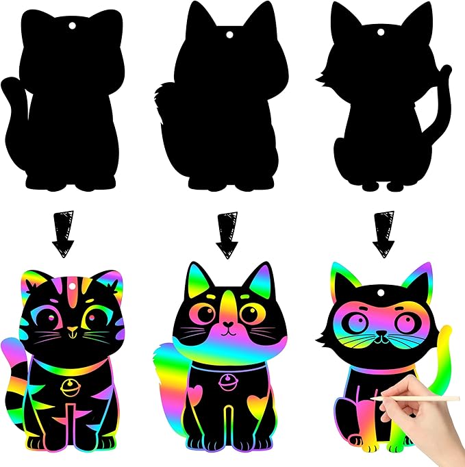 CY2SIDE 60PCS Cat Animal Scratch Bookmarks for Kids, DIY Cat Rainbow Color Paper Cards Craft Kit Birthday Decorations, Catling Pet Magic Art Project Party Favors for School Classroom Activities