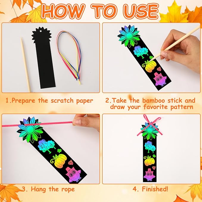 JUNEBRUSHS 30Pcs Fall Scratch Bookmarks, Rainbow Magic Scratch Paper Art Hello Fall Autumn Leaves Pumpkin Turkey DIY Crafts Kit for School Classroom Activity Thanksgiving Party Favor