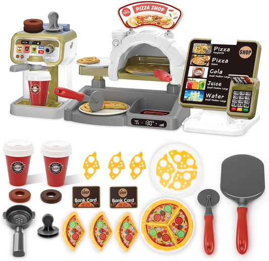 deAO Pretend Play Store Coffee Playset Kids Coffee Maker Play Set Pizzas Shop with Cash Register Toy Kitchen Playset Accessories Gifts for Toddlers Boys Girls