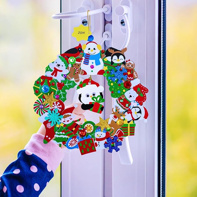 Winlyn 12 Sets Christmas Craft Kits Holiday Crafts DIY Christmas Wreath Ornaments Decorations Art Sets Xmas Snowmen Snowflake Festive Winter Foam Stickers Arts and Crafts for Kids Classroom Activities