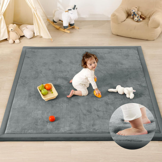 1.3" Thick Baby Play Mat,Ultra Soft Elasti-Foam 50×50 Playpen Mat for Tummy Time,Water-Repellent Coral Fleece Nursery Rug for Infants,Toddlers,Kids,Non-Slip Safe for Crawling(Dark Grey)