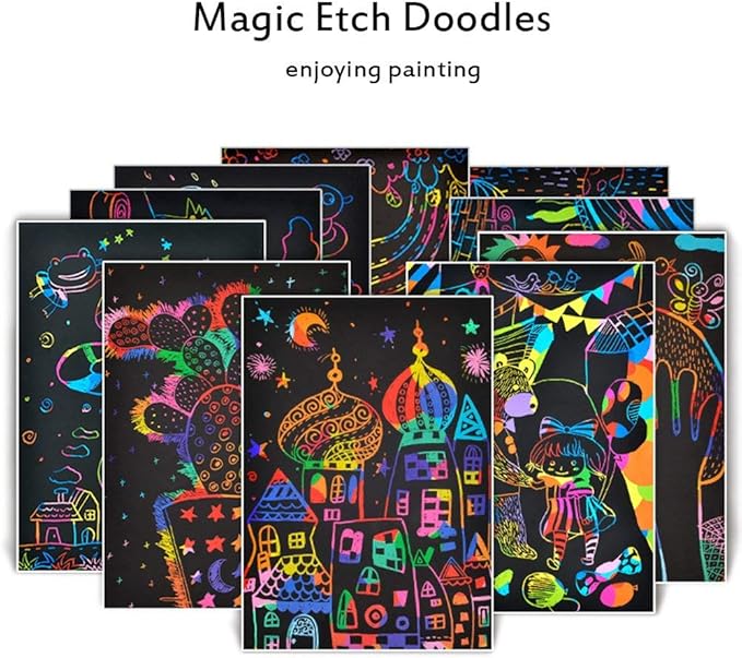 Scratch Art Notebooks 3 Pack 10.2 x 7.5 inches Rainbow Magic Scratch Off Paper Set Drawing Arts Crafts Black Scratch Books for Kids' Birthday Gifts Party Favors Christmas Presents (PRB330)
