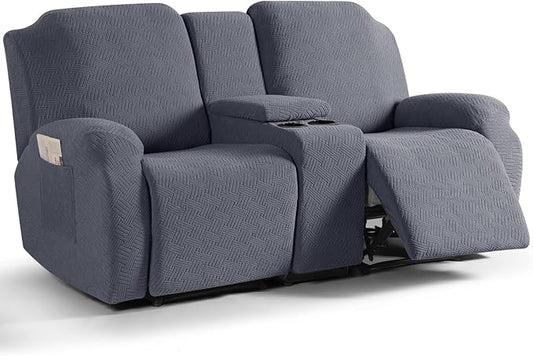 KinCam Loveseat Recliner Covers with Middle Console Slipcover, Recliner Sofa Covers 2 Seat Couch Cover Stripe Jacquard Furniture Protector Covers with Elastic Bottom for Kids, Pets (Gray)