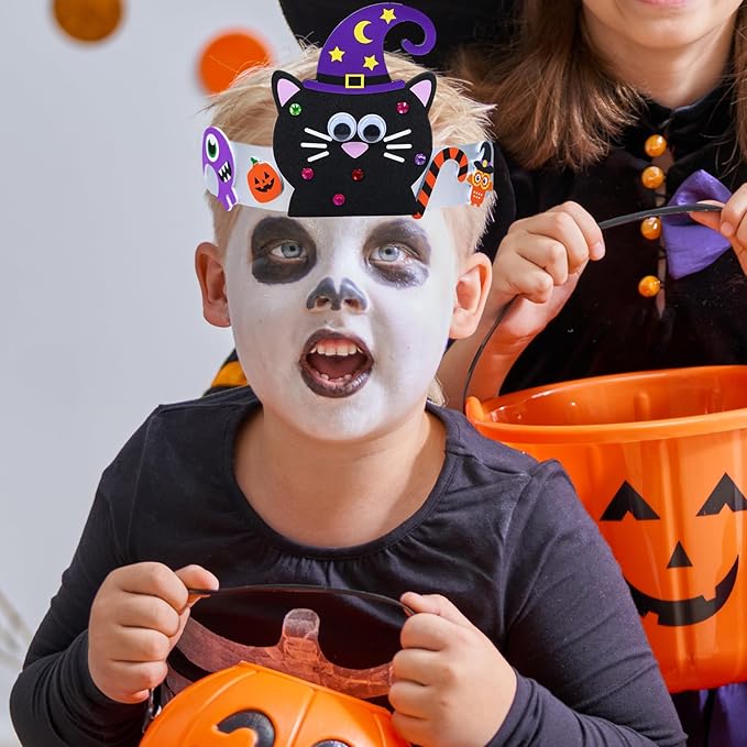 Winlyn 24 Sets Halloween Headbands Craft Kits Crown Art Sets Jack-o'-lantern Candy Corns Ghost Monster Bat Paper Hat with Halloween Foam Stickers for Kids Halloween Classroom Activities Party Favors