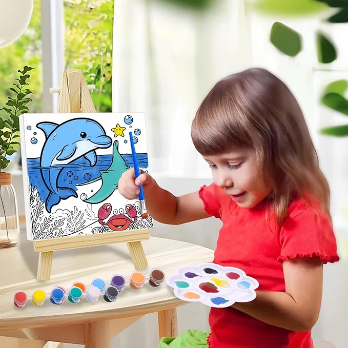 Yizeda 4 Packs 7.8x7.8 Pre Drawn Canvas Paint Set,Paint by Numbers for Kids,48 Paints 8 Brushes 2 Easels,Pre-Printed Acrylic Oil Painting Kit Ages 8-12 9-12 4-8 Pre Drawn Canvas for Painting for Kids