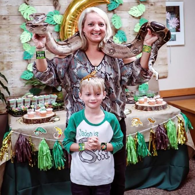 86PCS Reptile Party Favors 50PCS Reptile Stickers 36PCS Reptile Slap Bracelets Alligator Lizard Gecko Snake Turtle Snap Bracelet Reptile Stickers for Kids Reptile Party Supplies Decorations Gifts