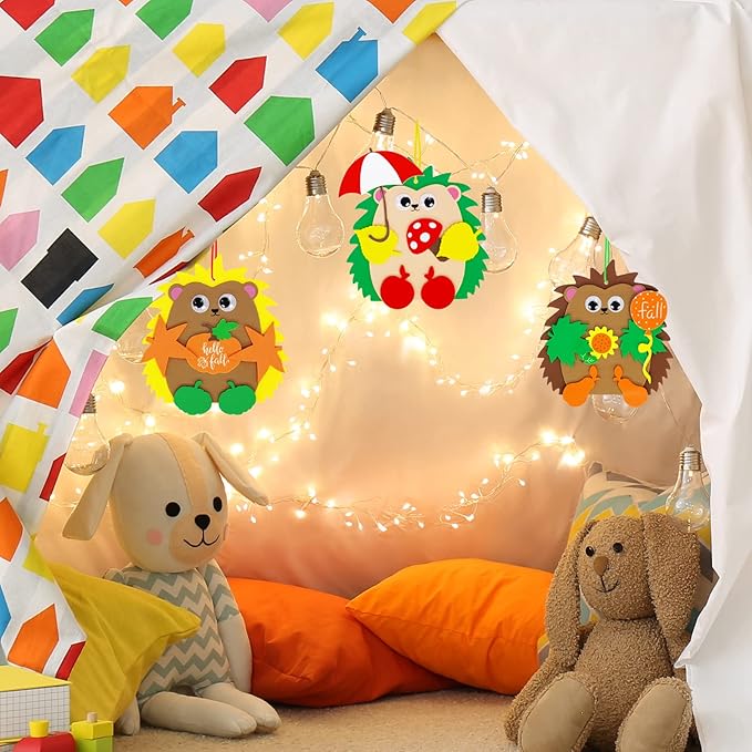 Winlyn Fall Craft Kits 24 Sets DIY Fall Hedgehog Ornaments Decorations Art Sets Autumn Maple Leaf Pumpkin Foam Stickers Googly Eyes for Kids Thanksgiving Halloween Classroom Activities Party Favors