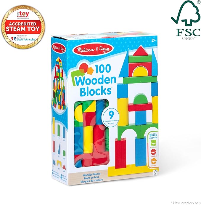 Melissa & Doug Wooden Building Blocks Set - 100 Blocks in 4 Colors and 9 Shapes Classic Kids Toys, Colored Wood For Toddlers Ages 2+ - FSC-Certified