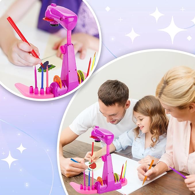 Kids Projection Drawing Toy,Smart Kids Projection Drawing Sketcher with 32 Cartoon Patters,Adjustable Art Sketcher Projector with 12-Color Watercolor Pens,8-Color Erasable Pens,Pink