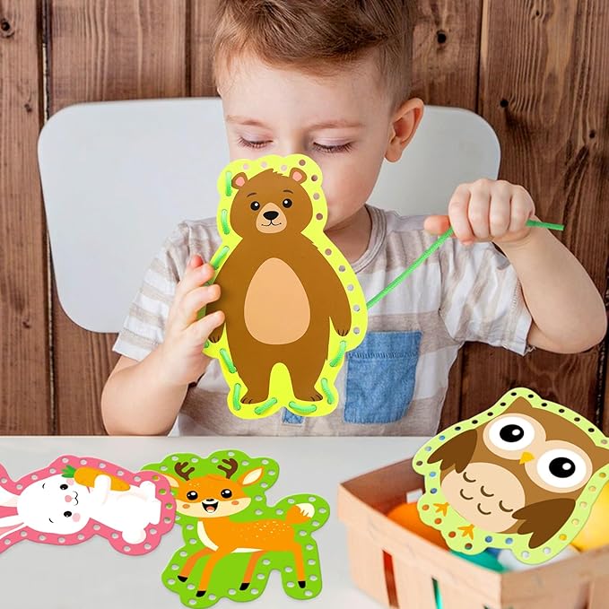 Omlisca Woodland Animals Lacing Cards 12 Pack Forest Animals Sewing Cards Owl Fox Bear Woodland Theme Party Decor Arts and Crafts Gifts for Kids Toddler Preschool Developing Imagination Supplies