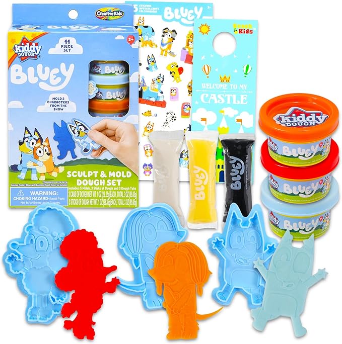 Bluey Dough Play Set - Bundle with 3 Bluey Dough Tubs with Bluey Character Molds for Boys, Girls Plus Stickers | Bluey Sensory Dough for Kids