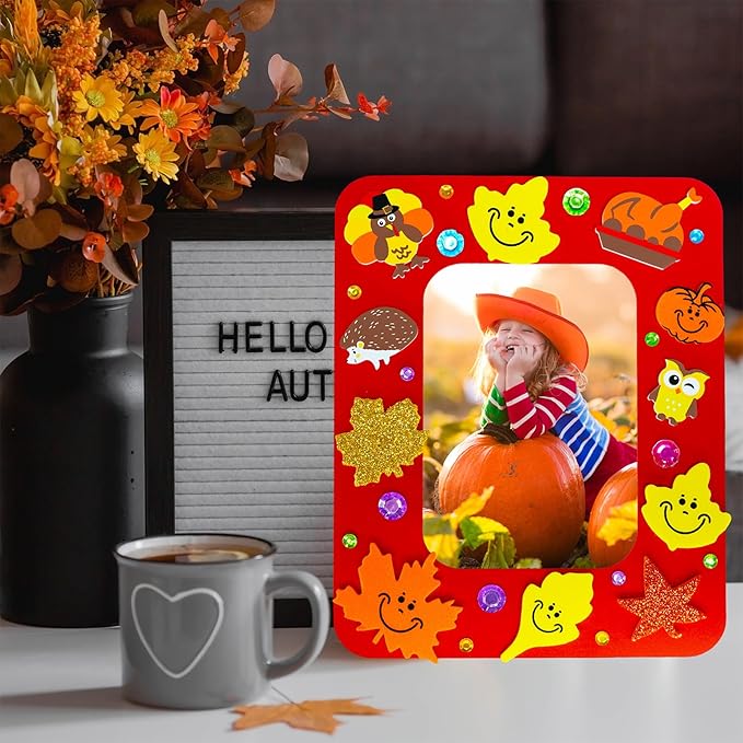 Winlyn 24 Sets Thanksgiving Craft Kits Fall Crafts DIY Autumn Harvest Picture Frame Decorations Festive Foam Stickers Fall Arts and Crafts for Kids Holiday Home Classroom Art Activities Party Favors