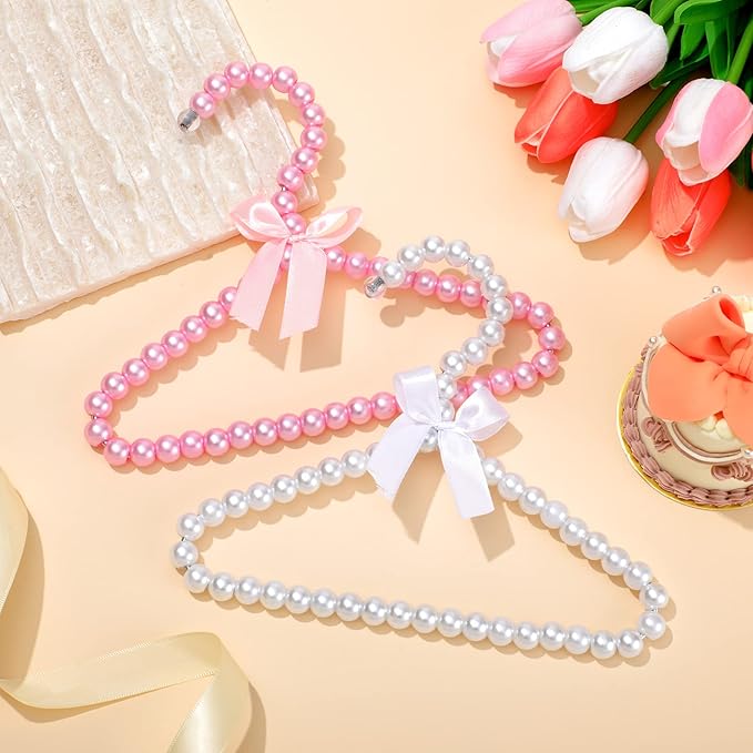 Wesiti 10 Pcs Small Pearl Hanger Mini Pearl Metal Elegant Clothes Hangers with Ribbon for Women Dog Cat (Pink,White)