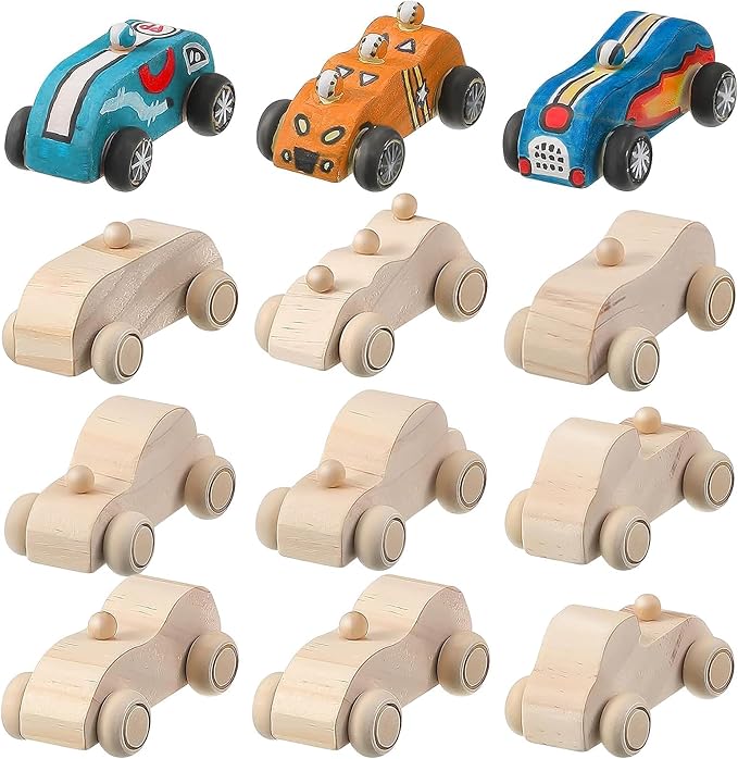 clothmile 12 Pieces DIY Wood Car Toys Unfinished Wooden Cars Toys Wooden Painting Blocks Crafts Kits for Christmas School Students Home Activities Craft Projects Easy Woodworking and Family Time Set