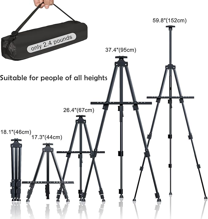Portable Artist Easel Stand, Art Drawing Easels for Painting Canvas Wedding Signs & Display，Adjustable Height Painting Easel with Bag, Height from 17" to 60" (2 Pack, Black)