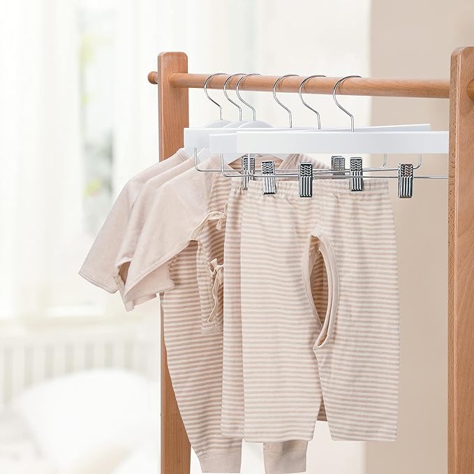 Nature Smile 11.8'' Kids Baby Toddler Children Solid Wooden Pants Hangers,Wood Skirts Hangers,Trousers Bottom Hangers with 2-Adjustable Clips Anti-Rust Hook Pack of 10 (White)