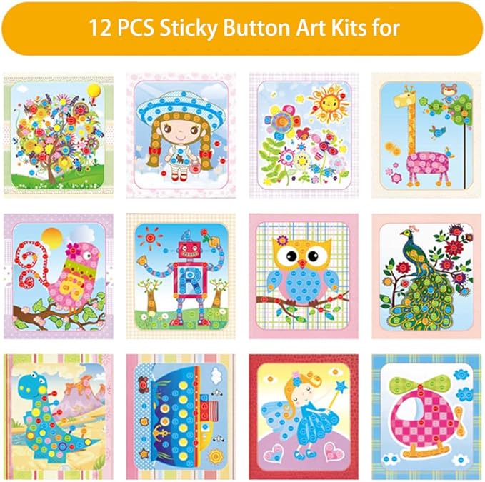 WYNAKESHU 12PCS Button Sticker Drawing Mosaic Sticker Art Kits for Kids Button Art Sticky Button Preschool Art Class Toys Early Education Gift for Girls Boys Over 3 Years