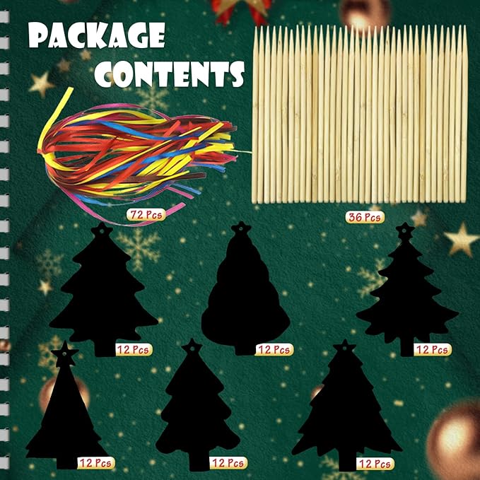 72Pcs Christmas Tree Scratch Paper Rainbow Color Scratch Ornaments Christmas Decorations Hanging Craft Art Kits with Wooden Stick and Ribbon for Kids Christmas Winter Party Favors