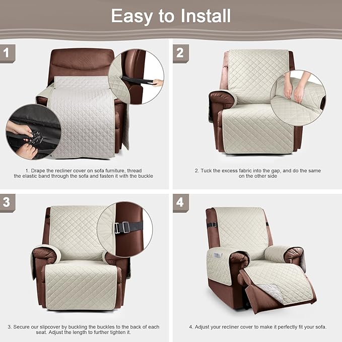 KinCam 100% Waterproof Recliner Chair Cover, Reclining Couch Covers for Pets, Dogs, Recliner Couch Slipcover Furniture Protector with Elastic Straps for Kids(23.6", Ivory)