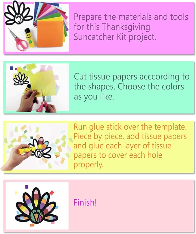VHALE Suncatchers Craft 3 Sets (9 Cutouts) w Tissue Papers Stained Glass Effect Paper Sun Catcher Kit, Window Art, Classroom Crafts, Creative Art Projects, Kids Party Favors (Thanksgiving)
