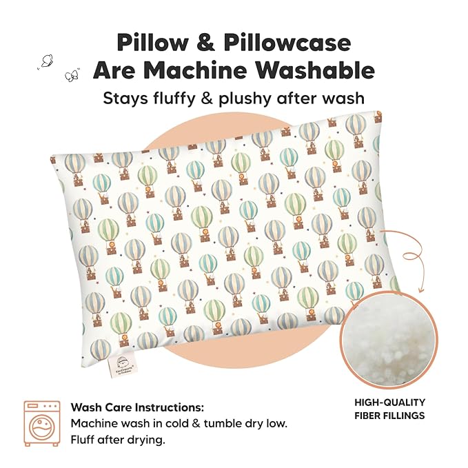 Toddler Pillow with Pillowcase - 13x18 My Little Dreamy Pillow, Organic Cotton Toddler Pillows for Sleeping, Kids Pillow, Travel Pillows, Mini Pillow,Nursery Pillow,Toddler Bed Pillow(Hot Air Balloon)