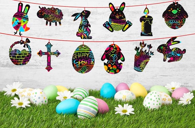 XJF Easter Scratch Art for Kids,24pcs Easter Eggs Bunny Chick Ornament,Magic Scratch Paper Art for Easter Decoration,Party Supplies,Classroom Activity Black