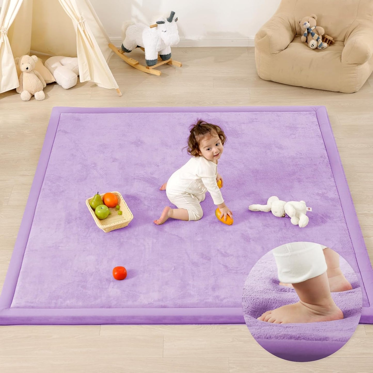 1.3" Thick Baby Play Mat,Ultra Soft Elasti-Foam 50×50 Playpen Mat for Tummy Time,Water-Repellent Coral Fleece Nursery Rug for Infants,Toddlers,Kids,Non-Slip Safe for Crawling(Lavender)