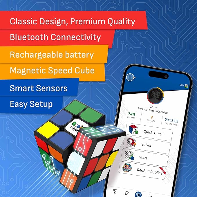 The Original Rubik’s Connected, Go from Beginner to Pro in No Time. 3x3 Smart Magnetic Intelligent Speed Cube. User Friendly App & Online Battles. Rechargeable Battery. STEM Puzzle. Fits All Ages