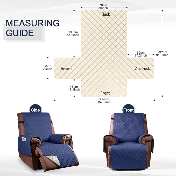 KinCam 100% Waterproof Recliner Chair Cover, Reclining Couch Covers for Pets, Dogs, Recliner Couch Slipcover Furniture Protector with Elastic Straps for Kids(30", Blue)