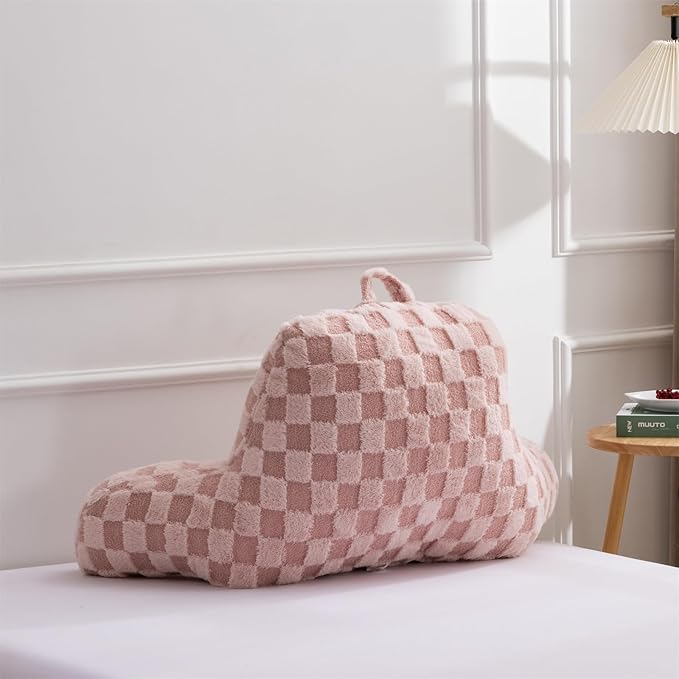 Aimuan Checkered Reading Pillow Bed Rest Wedge Backrest Checkerboard Pillow with Arms Back Support for Sitting Up in Bed Cushion Incline Rest Sleeping Snoring Pillow (Pink,Large)