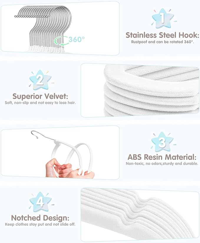 Baby Hangers, VIS'V 11 Inch White Velvet Kids Hangers with 6 Pcs Size Dividers Non Slip Nursery Children Closet Clothes Hangers for Infant Toddler Girls and Boys 30 Pcs