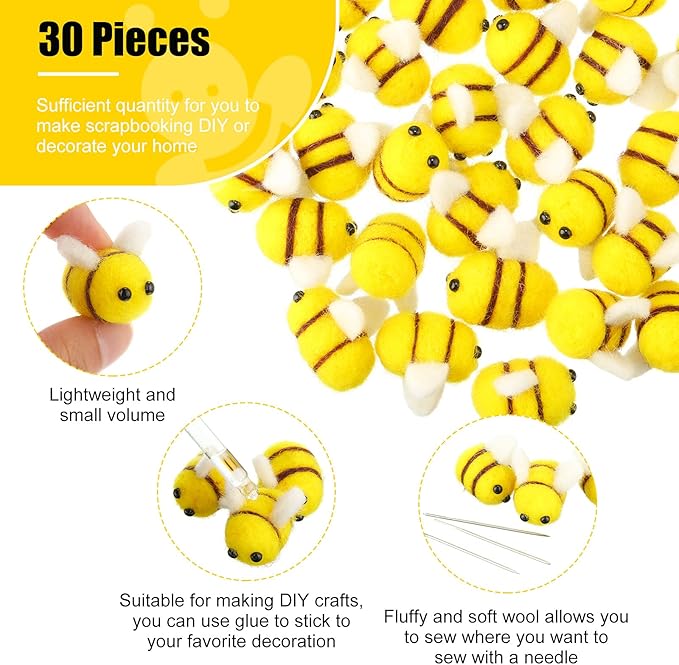 Skylety Wool Felt Bees Mini Crafts Cute Plush Toy Crafts Honey Bee for Crafts DIY Baby Shower Gender Reveal Gift Bee Themed Party Favors Jewelry Accessory Tiered Tray Decoration (30 Pieces)