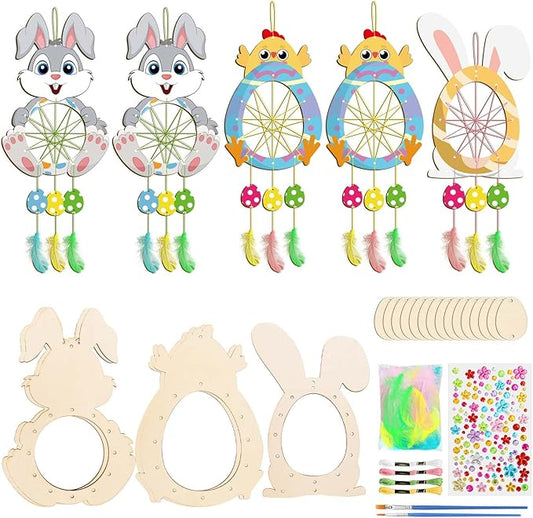 Fennoral 5 Pack Easter Dream Catcher Craft Kit for Kids Paint You Own Bunny Chick Dream Catcher Ornament DIY Coloring Wooden Easter Art and Craft for Art Activity Project Easter Decoration