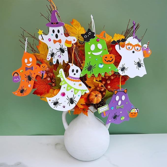 Winlyn 24 Sets Halloween Crafts Fall Crafts DIY Halloween Ghost Tree Ornaments Decorations Craft Kits Foam Ghost Stickers Fall Halloween Arts and Crafts for Kids Party Favors Classroom Art Activities