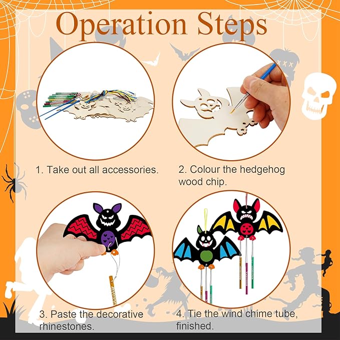 9 Pack Wind Chime Kit for Kids,Halloween Craft Kits Wooden Bat Wind Chime Decorative Hanging Ornaments DIY Painting Craft for Boys Girls Family Activities Halloween Party Supplies