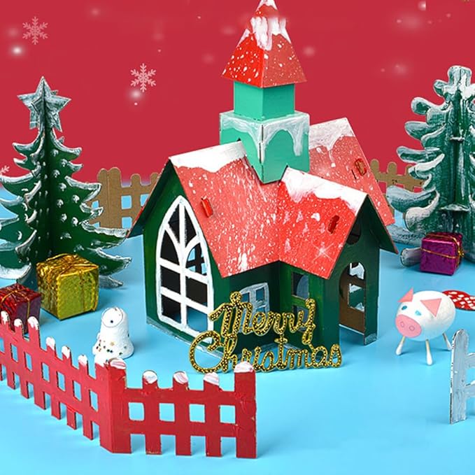 NUOBESTY 5PCS Unfinished Christmas House with Paint Set Art and Craft House for Kids DIY Crafts Woodworking Building Project for Children to Build& Paint
