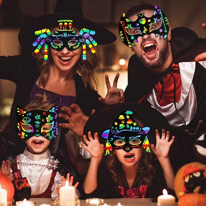 MGparty Halloween Crafts, 42PCS Halloween Rainbow Scratch Mask, Magic Scratch Paper Art for Kids Birthday Classroom Decoration for Halloween Party Favors Gifts Party Games Projects Kits